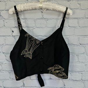Rima Women's Porpoise Themed Tie Back Halter Top, Size‎ Small, Black w/ Gold